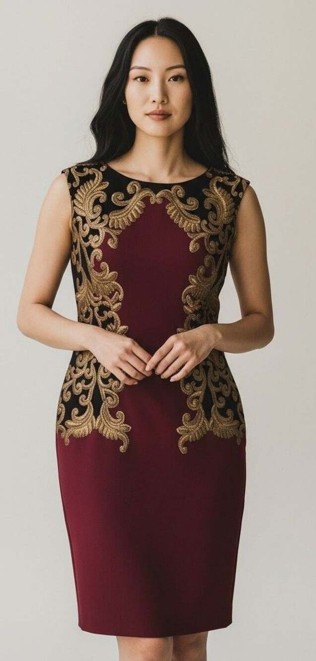 Tadashi Shoji Embroidered Gold Lace Neoprene Dress Sz L